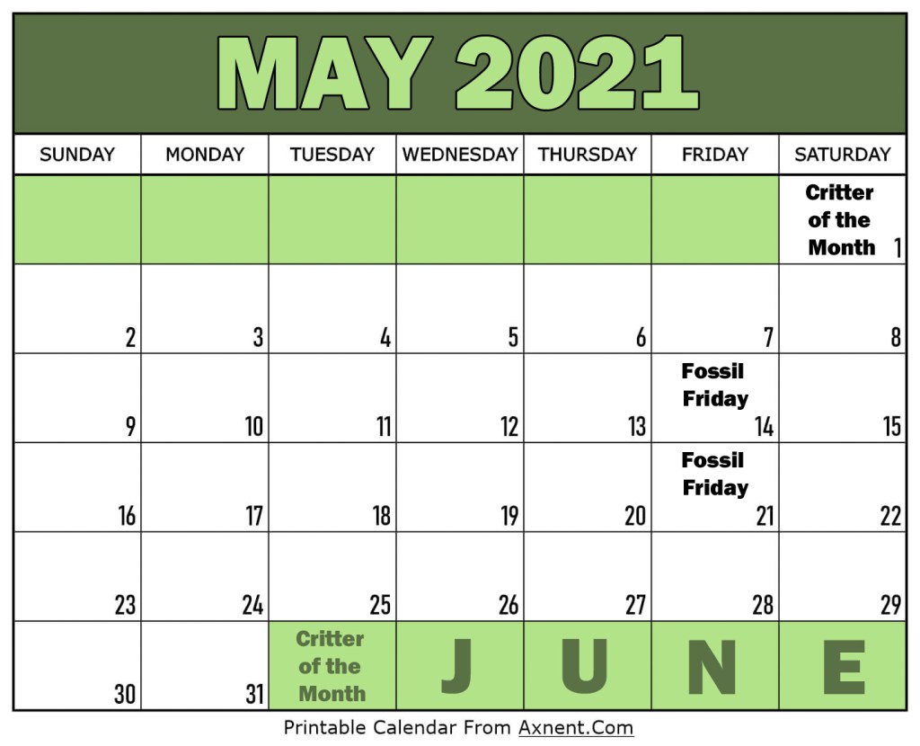 Calendar for May 2021. Critter of the month the 1st of each month. FF on 14th and 21st.