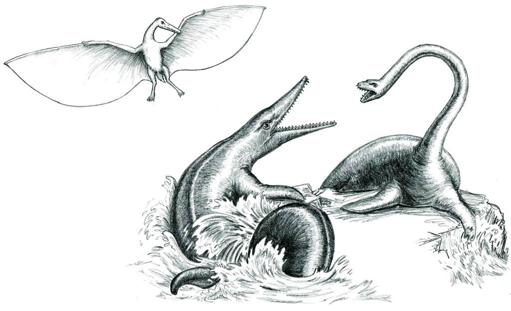 A placid Pterodactylus is spectator to a clash of marine monsters. Convenient that they chose land for their arena!