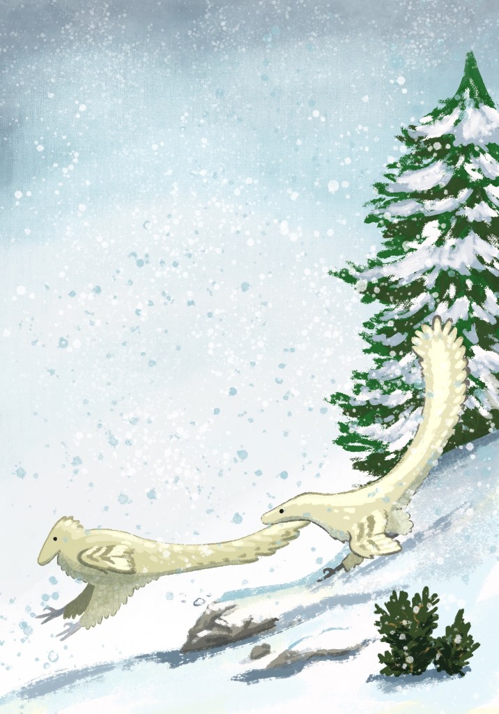 Two Deinonychus dashing through the snow